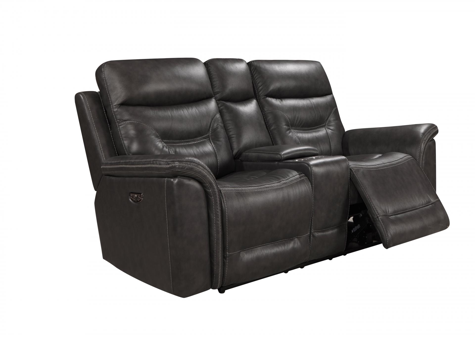 Gray Dual Reclining Power Love Seat with Console with Power in The foot Leather